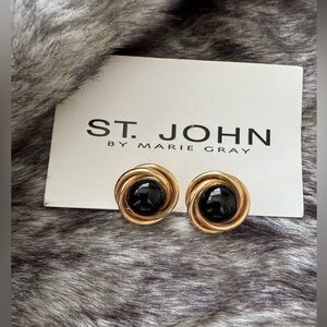 ST JOHN Black Enamel Gold Tone Clip Earrings